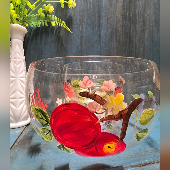 Vintage Hand Painted Fruit And Floral Glass Sering Bowls...